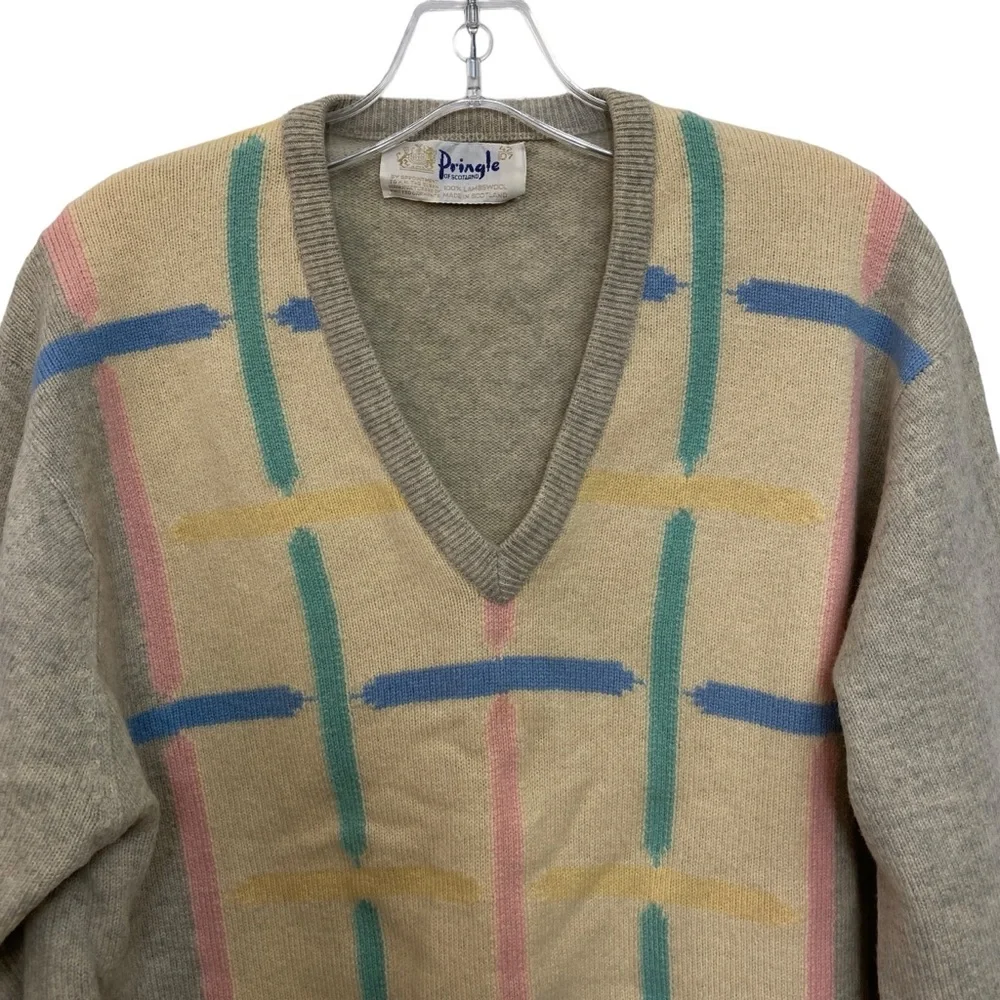 Pringle of Scotland 100% Lambswool‎ V-Neck Pullover Sweater Plaid Winter Sz 42